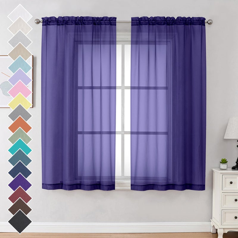 OVZME Purple Sheer Curtains 63 inch Length 2 Panels Set for Farmhouse/Kitchen Room, Elegant Light Filtering Voile Window Treatments, Each is 42W x 63L Inches, Purple - Image 1