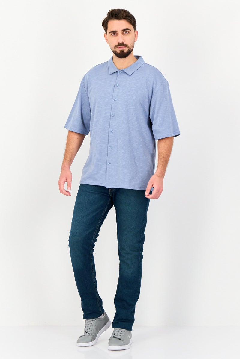 Core Elements Men Regular Fit Chambray Short Sleeves Casual Shirt, Slate Blue - Image 3