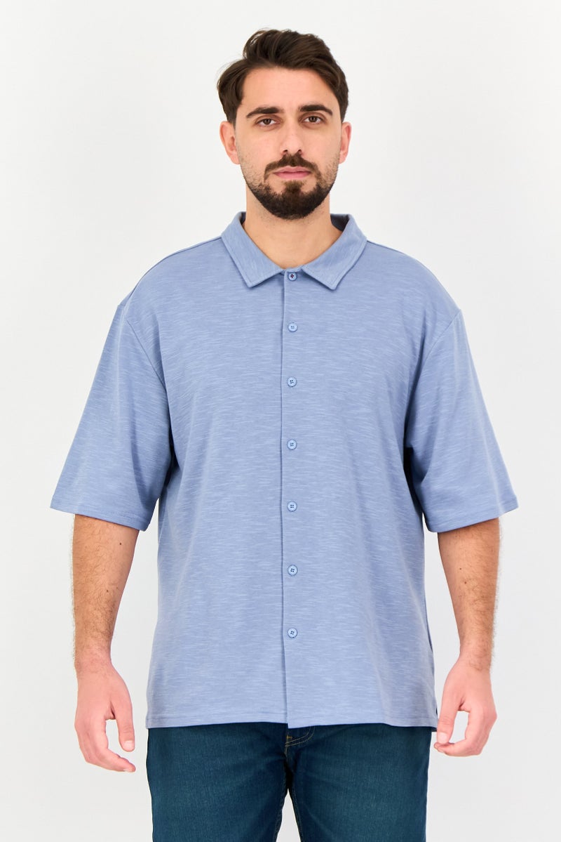 Core Elements Men Regular Fit Chambray Short Sleeves Casual Shirt, Slate Blue - Image 1