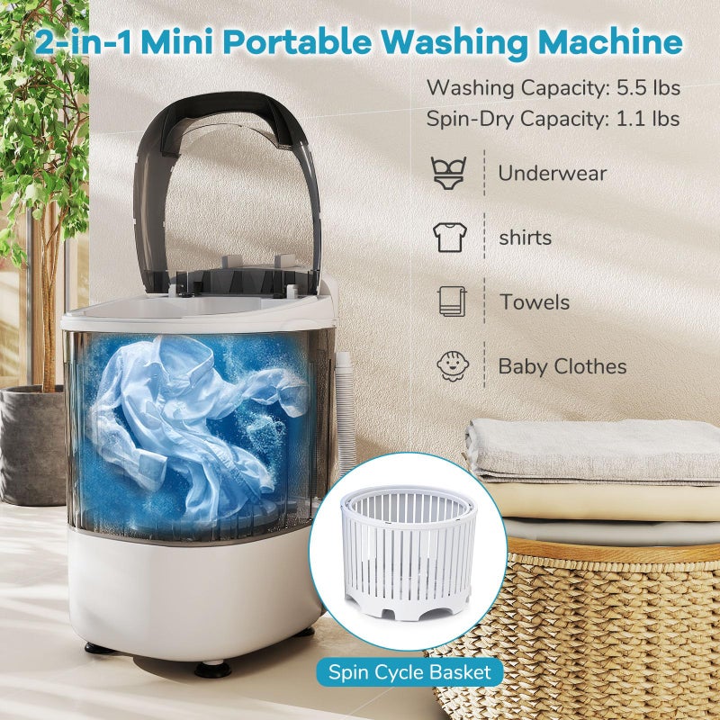 Giantex Portable Mini Washing Machine, 5.5 lbs Capacity Small Compact Laundry Washer with Spin Tub & Drain Hose, Semi-automatic Washer Machine for Apartment Dorms RV Home (Grey) - Image 4
