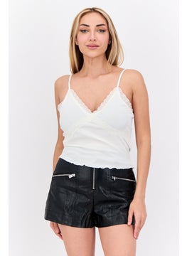 Women V-Neck Sleeveless Lace Detail Tank Top, White