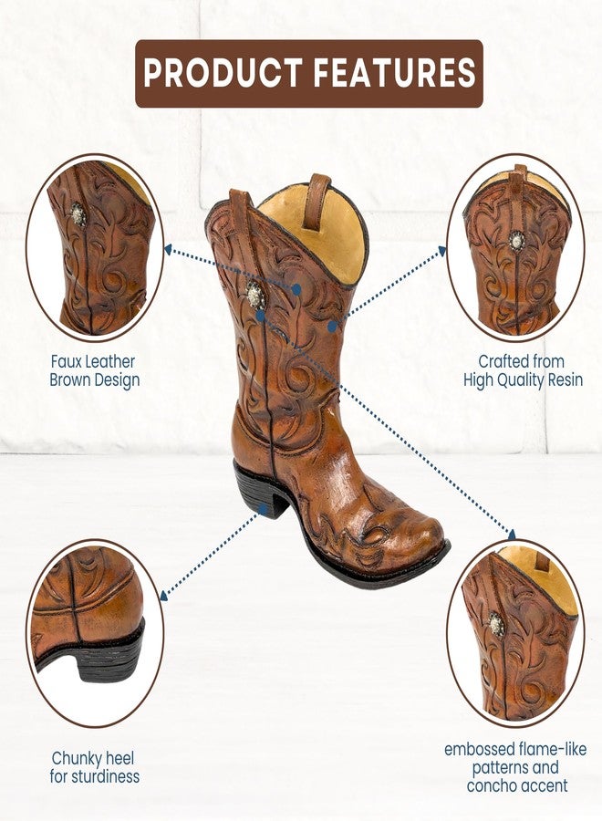 AMAJY Brown Cowboy Boot Vase - Rustic Western Décor with Faux Leather, Embossed Pattern & Metal Concho Accent - Resin Flower Holder for Home or Office - Tabletop Accent & Unique Gift for Western Enthusiasts - Image 3