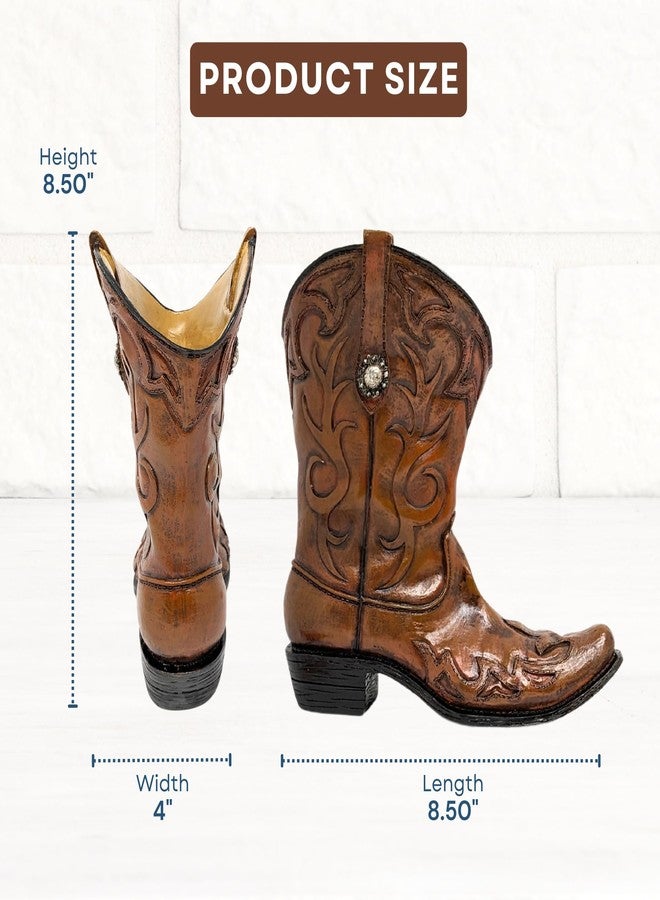 AMAJY Brown Cowboy Boot Vase - Rustic Western Décor with Faux Leather, Embossed Pattern & Metal Concho Accent - Resin Flower Holder for Home or Office - Tabletop Accent & Unique Gift for Western Enthusiasts - Image 2