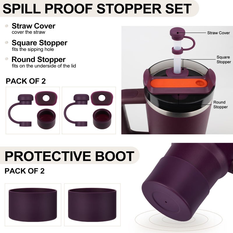 HYZ 8 Piece Accessories for Stanley Cup, Silicone Spill Proof Stopper Set and Protective Boot Including Straw Cover Cap for Stanley H2.0 20oz 30oz 40oz Tumbler, Plum - Image 2