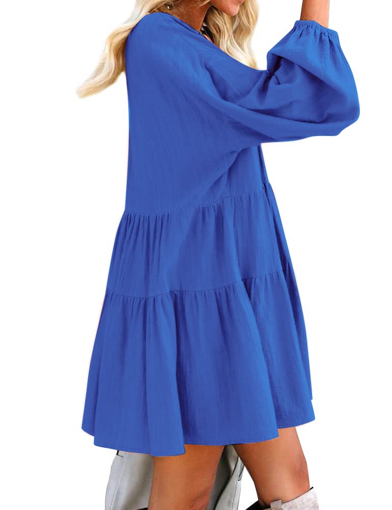 FANCYINN Long Sleeve Shift Tunic Dress Ruffle Swing Babydoll Juniors Mini Tiered Dress with Pockets Dark Blue XL - Image 2