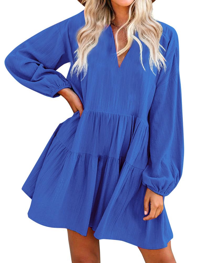 FANCYINN Long Sleeve Shift Tunic Dress Ruffle Swing Babydoll Juniors Mini Tiered Dress with Pockets Dark Blue XL - Image 1