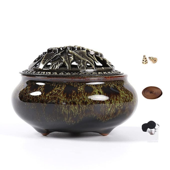 CERAMIC INCENSE BURNER WITH INCENSE STICK HOLDER INSULATION USE FOR STICK OR COIL INCENSE SAGE CONES AND FRANKINCENSE FAMBE GREEN