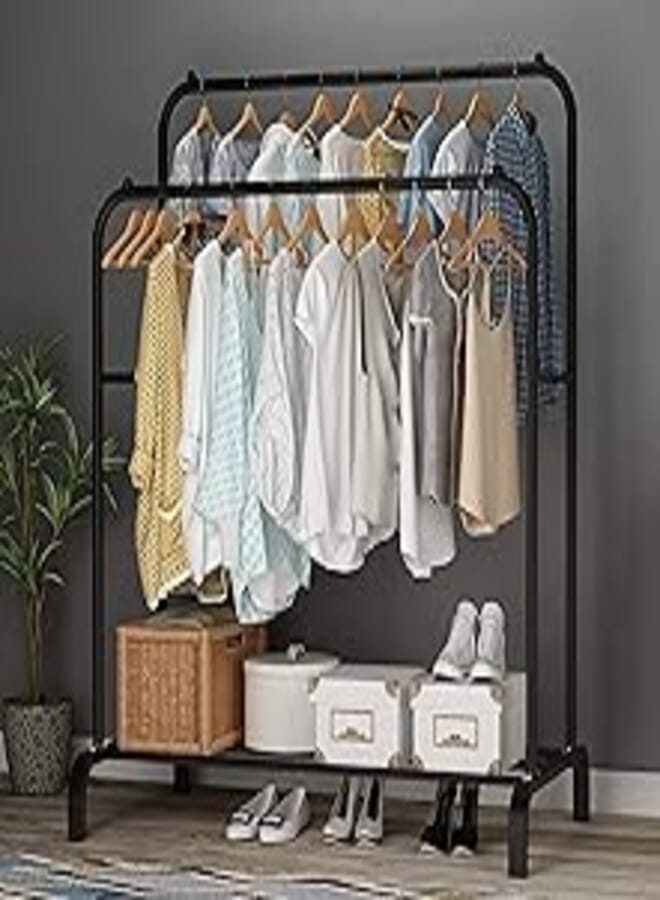 Generic Lukzer 1pc metal garment rack multipurpose clothes rack with bottom shelf/coat jacket hanger for home bedroom storage organizer unique display stand (black / 150 x 110 x 40cm) 