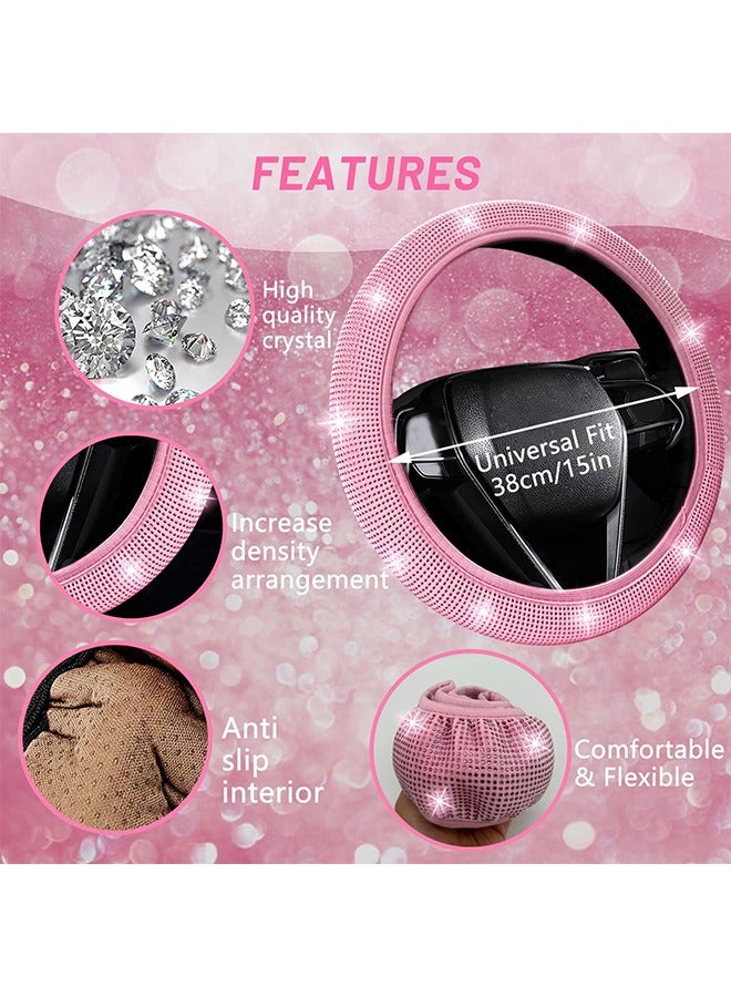 Beauenty 27 PCs Pink Bling Car Accessories Set for Women, Bling Steering Wheel Covers Universal Fit 15 Inch, Bling License Plate Frame, Bling Phone Holder, Bling Car Coasters (Pink Diamond) - Image 2