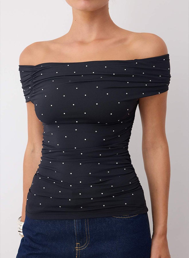 trendyol Black Stone Printed Carmen Collar Knitted Sandy Party Blouse - Image 4