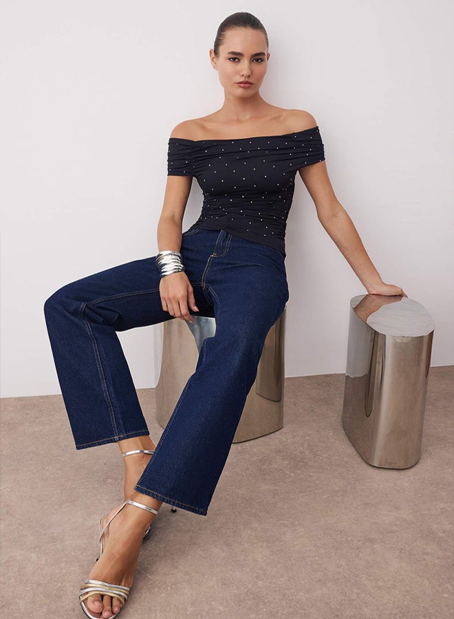 trendyol Black Stone Printed Carmen Collar Knitted Sandy Party Blouse - Image 3