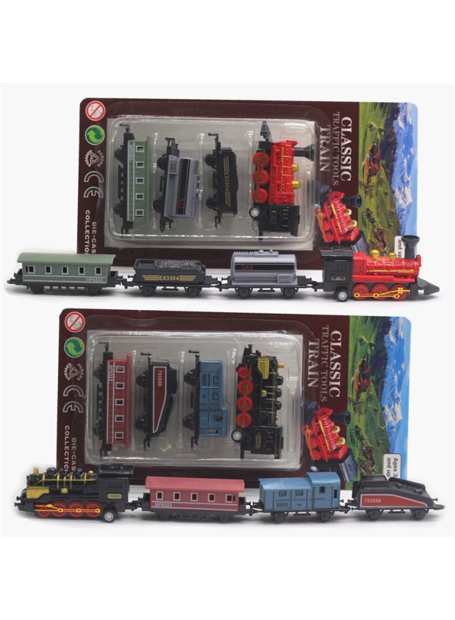 Classic Alloy Steam Train Engine Set 4 Pieces Vintage Car Models Retro Vehicle Toys-Color:C Model Suit (red Locomotive)  - Image 2