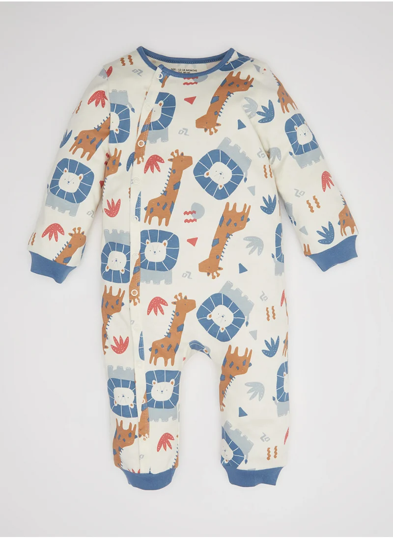 DeFacto Newborn Ecru Snap-Up Safari Print Long Sleeve Romper