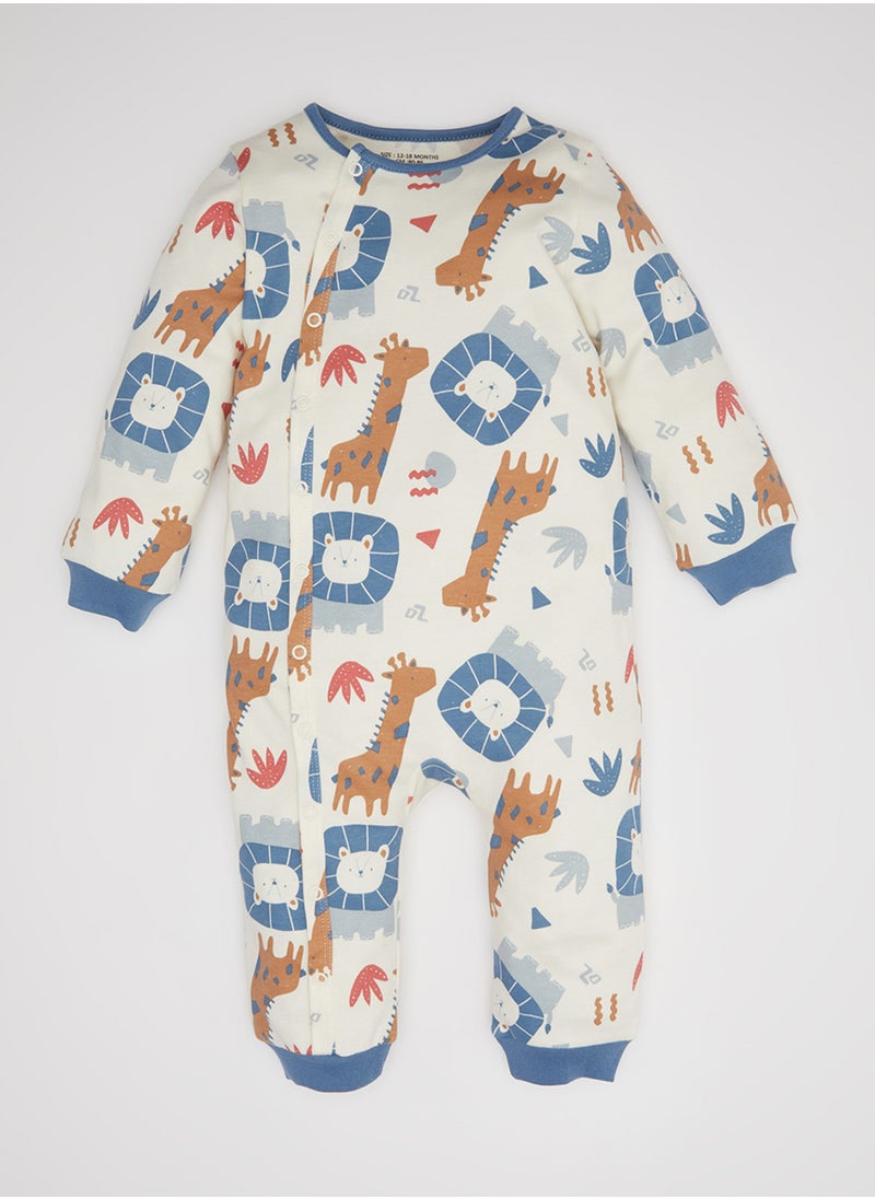 DeFacto - Newborn Ecru Snap-Up Safari Print Long Sleeve Romper - Image 1
