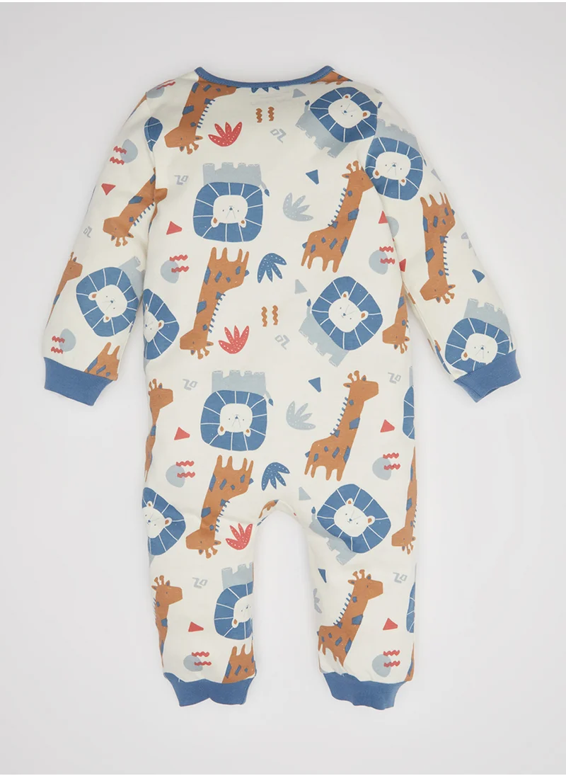 DeFacto Newborn Ecru Snap-Up Safari Print Long Sleeve Romper