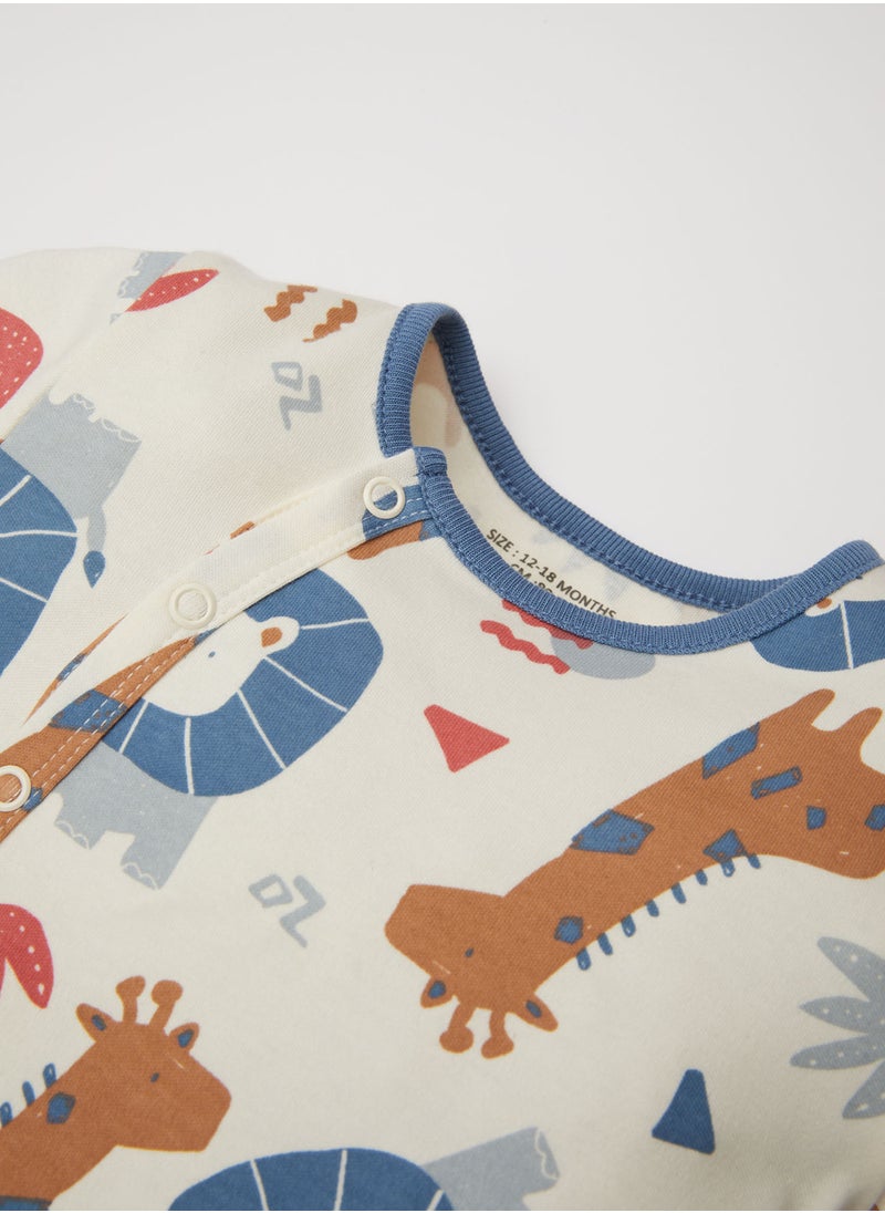 DeFacto - Newborn Ecru Snap-Up Safari Print Long Sleeve Romper - Image 1