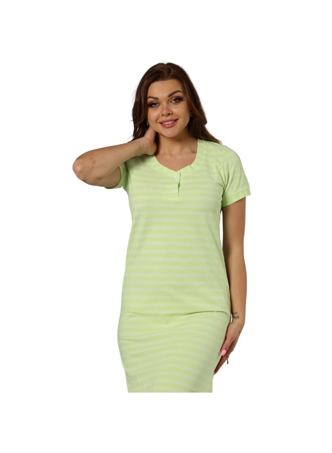 zecotex  Women's 100% Cotton Striped Midi Home Dress with Front Buttons - Lime Green - Image 2