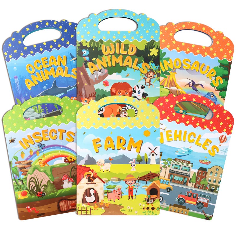Fyguard 6Pcs Reusable Sticker Books, Sticker Books for Toddlers 2-4 Years, Vehicles Insects Animals Dinosaurs Stickers Scenes for Crafts Parties Travel Boys Girls Gifts - Image 1
