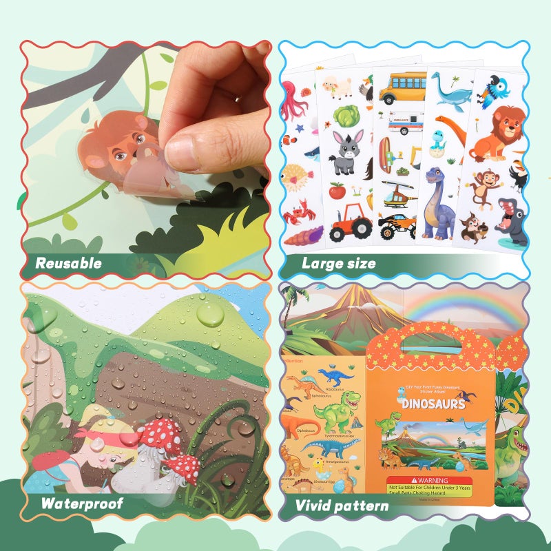 Fyguard 6Pcs Reusable Sticker Books, Sticker Books for Toddlers 2-4 Years, Vehicles Insects Animals Dinosaurs Stickers Scenes for Crafts Parties Travel Boys Girls Gifts - Image 4