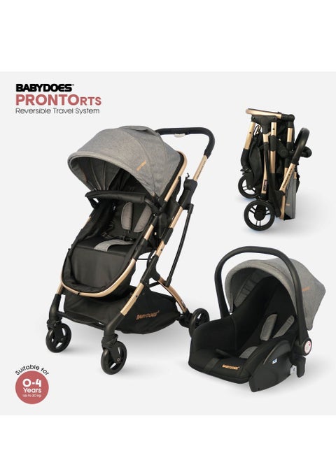 PRONTO RTS Baby Stroller With Reversible Travel System 5-Point Harness Infant Carrier And Adjustable Backrest Footrest 0 To 4 Year Mid Grey