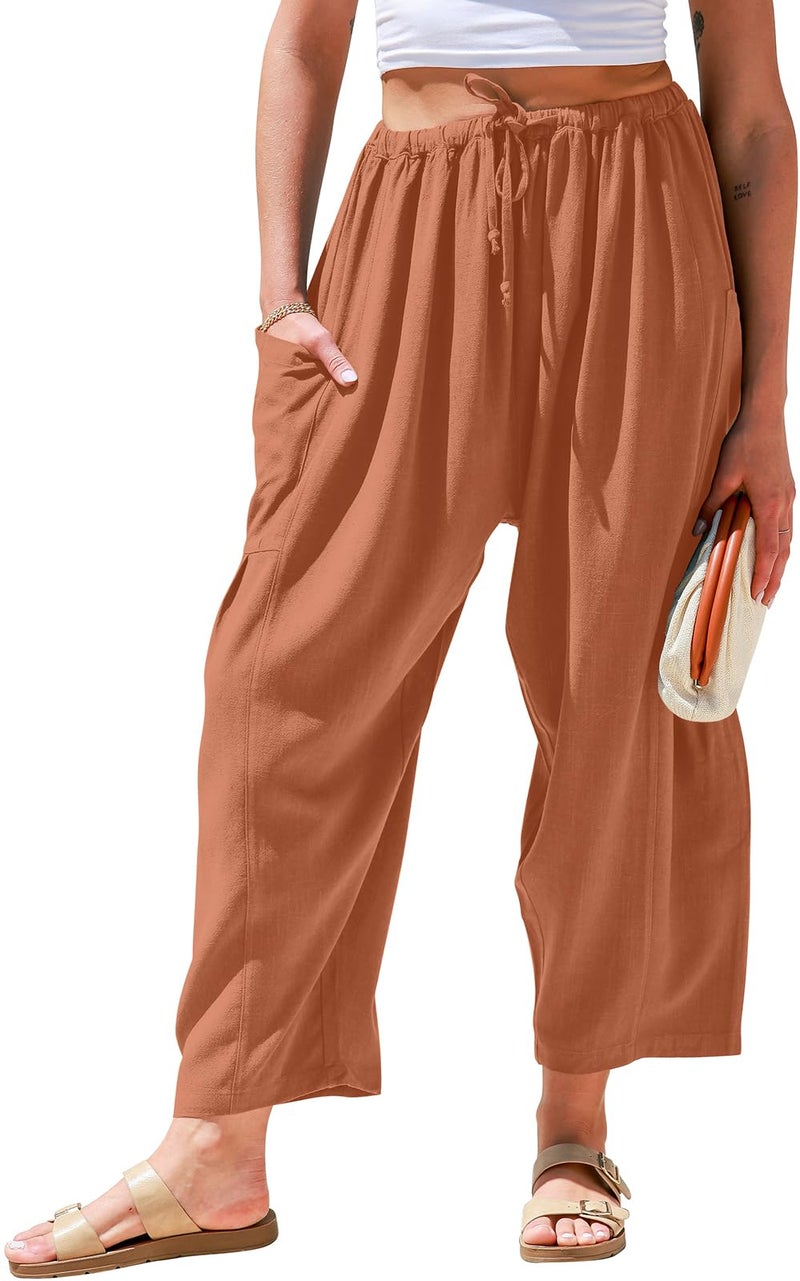TARSE Womens Plus Size Linen Wide Leg Pants Casual Loose Drawstring Low Waist Beach Palazzo Harem Pants with Pockets(Redbrown,XXL) - Image 1