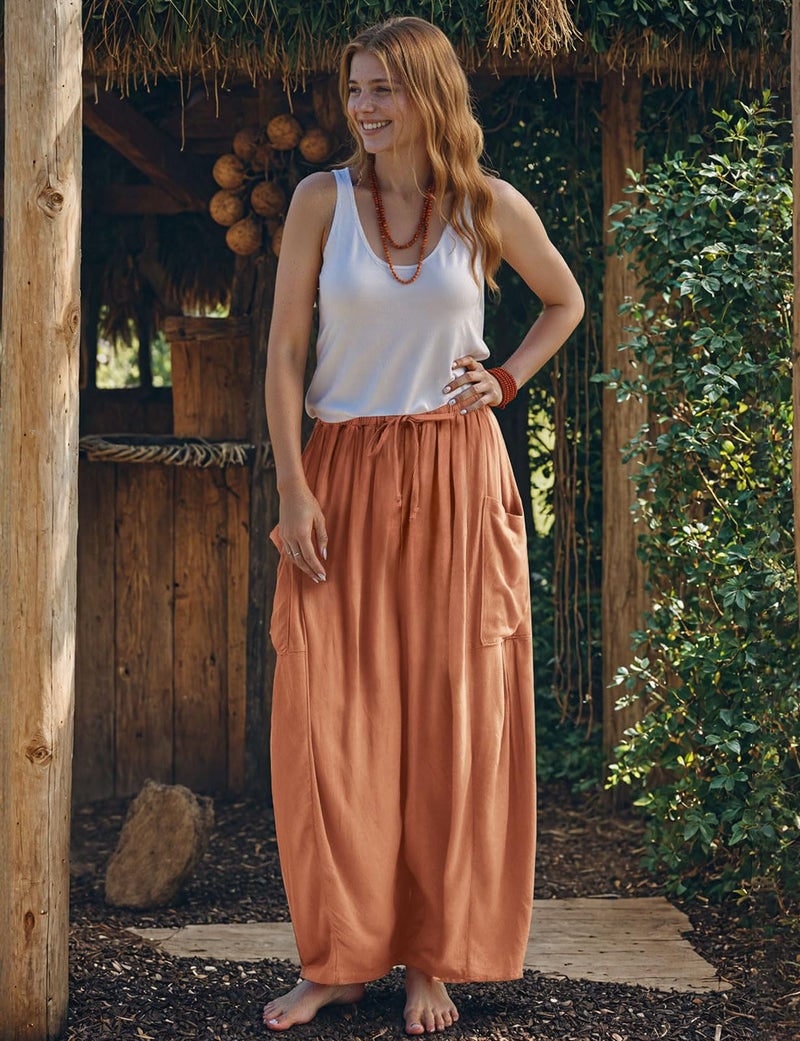 TARSE Womens Plus Size Linen Wide Leg Pants Casual Loose Drawstring Low Waist Beach Palazzo Harem Pants with Pockets(Redbrown,XXL) - Image 2
