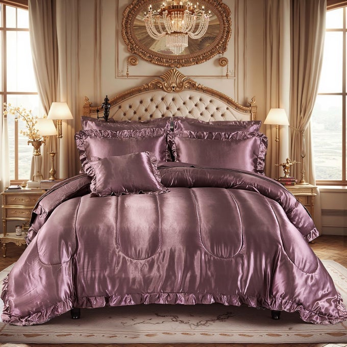 SILK LIKE SATIN COMFORTER SET WITH SHEET SET KING SIZE 8 PIECES BLUSH PINK SATIN BEDDING SET SILKY RUFFLE PATTERN HOME DEOCR LUXURY SILKY COMFORTER SET WITH 1 CUSHION COVER