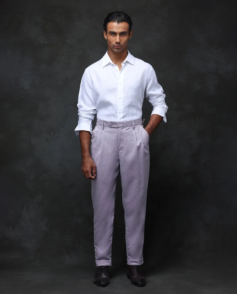 Rare Rabbit Rare Rabbit Men Rhesa Dusky Purple Linen Blend Pleated Button Closure Relaxed Fit Plain Trouser