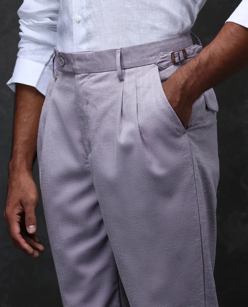 Rare Rabbit Rare Rabbit Men Rhesa Dusky Purple Linen Blend Pleated Button Closure Relaxed Fit Plain Trouser