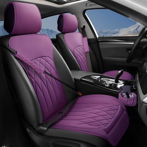 BEITK 2 Pack Leather Front Car Seat Covers Universal Sideless Car Seat Protectors with Storage Pocket and Seat Belt Pads Waterproof Automotive Seat Cover for Cars Trucks SUVPurple