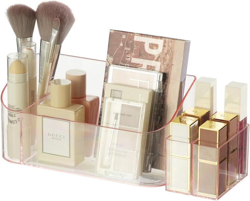 صينية تنظيم مستحضرات التجميل SUNFICON حاملة مستحضرات التجميل علبة عرض سطح الطاولة مكتب الزينة خزانة الحائط تخزين الأدوية 9 فواصل 2 قابلة للإزالة للنساء الفتيات بلون وردي كريستالي