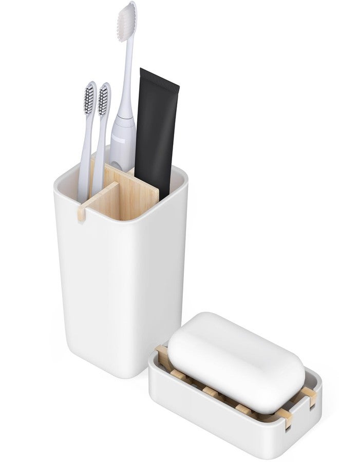 IWNTWY Toothbrush Holders and Soap Holder Set, Tooth Brush Holder with 4 Slots, Plastic Soap Dish Tray for Shower, Bathroom Accessories Set for Countertop Storage - White - Image 1