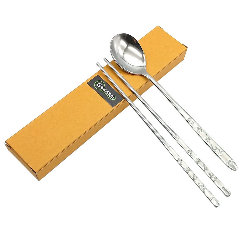 GARASANI Korean Traditional Cutlery Stainless Steel Spoons and Chopsticks Set Silver Petal
