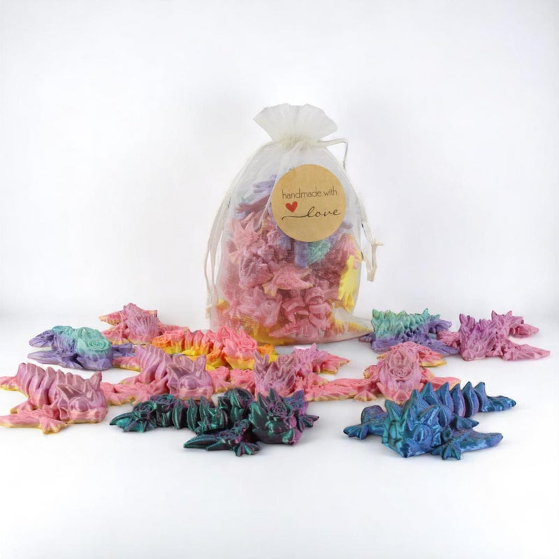 PowerTRC 3D Printed Dragon Baby Wyverns Pack of 10 3 Inch Articulated 3D Printed Dragon Desk Toys Flexible Fidget Dragons Gift Bag Fillers Silk Rainbow with Drawstring Bag 3D Printed in USA - Image 3