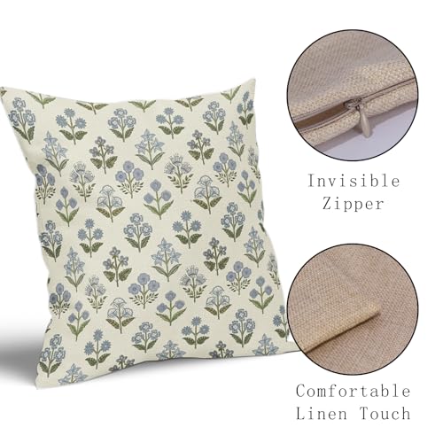 Sivirary Blue Green Block Print Pillow Covers 22x22 Inch Set of 2, Vintage Floral Spring Decorative Throw Pillow Cases Boho Cushion Covers Rustic Decoration Gift Farmhouse Sofa Couch Bed Decor - Image 4
