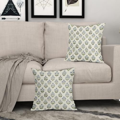 Sivirary Blue Green Block Print Pillow Covers 22x22 Inch Set of 2, Vintage Floral Spring Decorative Throw Pillow Cases Boho Cushion Covers Rustic Decoration Gift Farmhouse Sofa Couch Bed Decor - Image 3