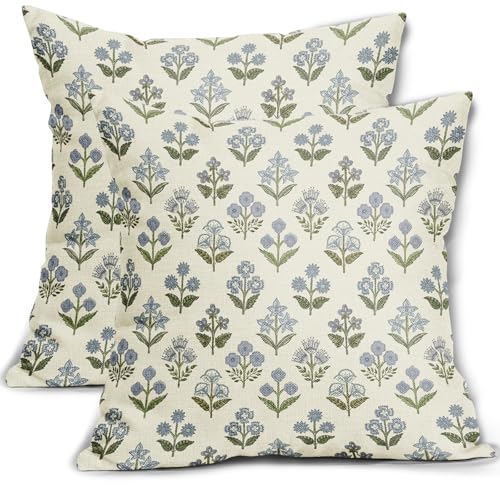 Sivirary Blue Green Block Print Pillow Covers 22x22 Inch Set of 2, Vintage Floral Spring Decorative Throw Pillow Cases Boho Cushion Covers Rustic Decoration Gift Farmhouse Sofa Couch Bed Decor - Image 1