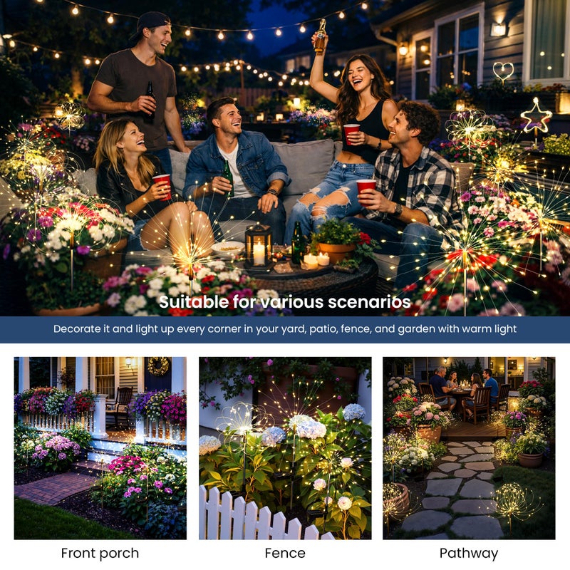 SUNCKET Solar Lights Outdoor, 120LED 2pack Fairy Garden Lights Decor for Outside Fireworks Lights Solar Powered for Yard, Patio, Pathway, Walkway, Balcony, Warm White - Image 2
