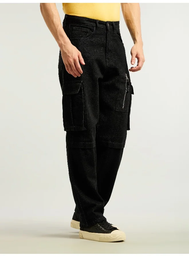 Beyoung Black Denim Zipper Pocket Cargo Pants
