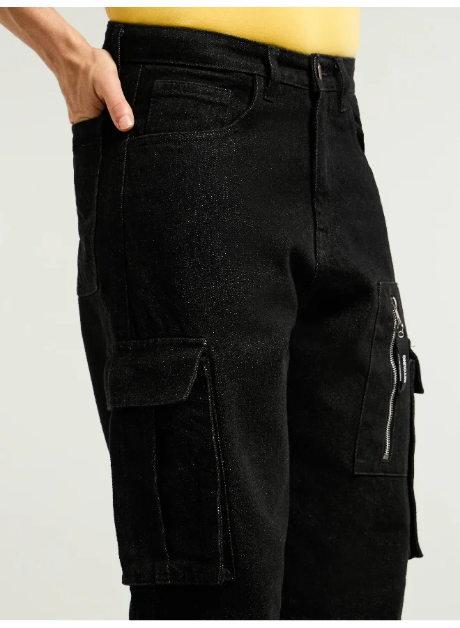 Beyoung Black Denim Zipper Pocket Cargo Pants