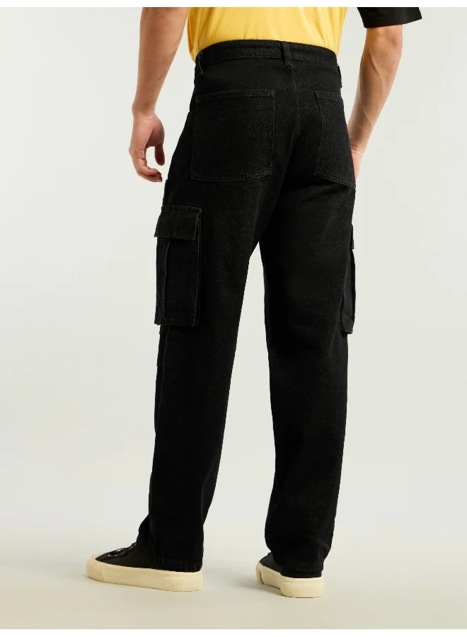 Beyoung Black Denim Zipper Pocket Cargo Pants