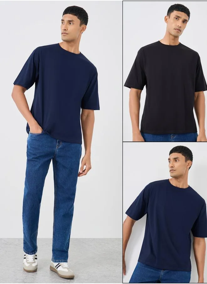 Styli Styli Pack of 2 - Solid Crew Neck Cotton Oversized T-Shirt