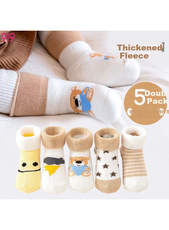 9I9 Baby Socks Spring And Autumn Baby Socks Newborn Children'S Floor Socks With Woolen Rings 5 Pairs Pack A154 Bear 1-3 Years - Image 1