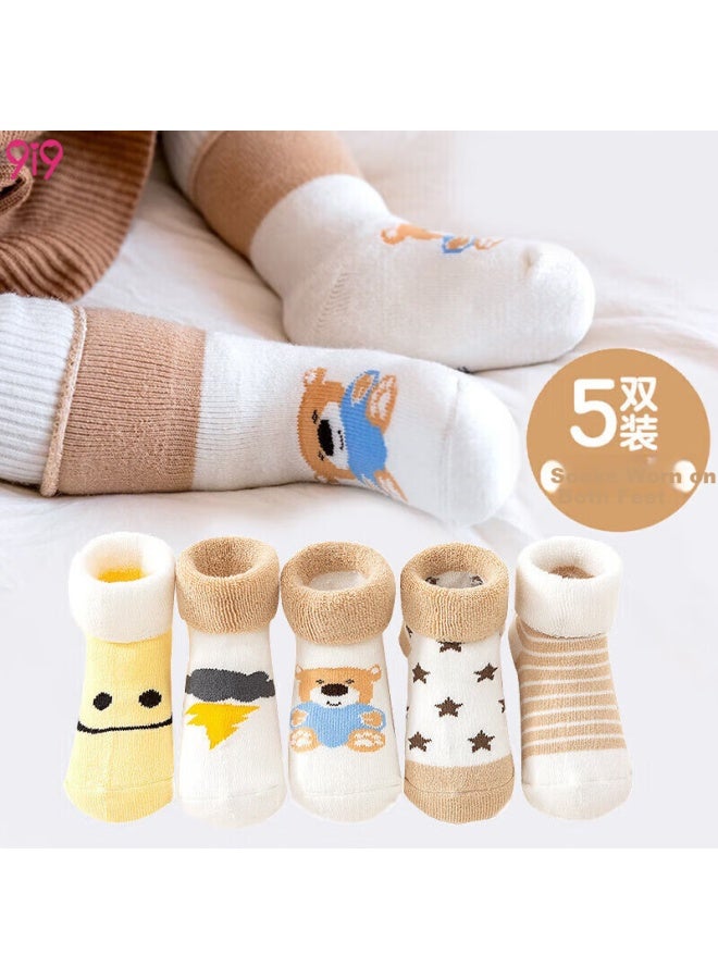 9I9 Baby Socks Spring And Autumn Baby Socks Newborn Children'S Floor Socks With Woolen Rings 5 Pairs Pack A154 Bear 1-3 Years - Image 4