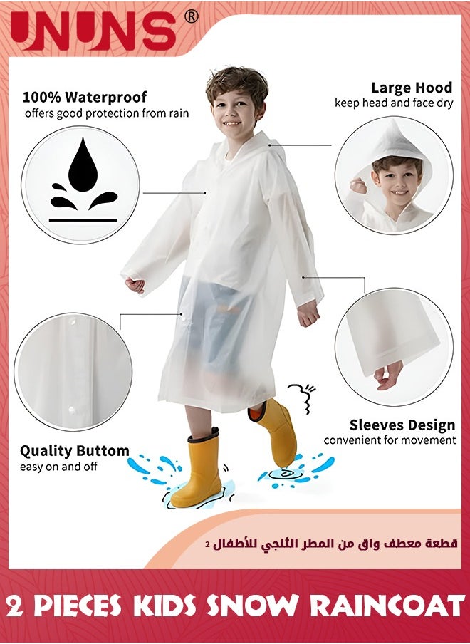 UNUNS Kids Raincoat,2 Pcs Kids Waterproof Thick Rain Ponchos For Kids,Reusable Emergency Rain Coats For Boys Girls,Kids Snow Rainwear Jacket with Hood and Drawstring,Portable EVA Rain Jacket,White  - Image 2