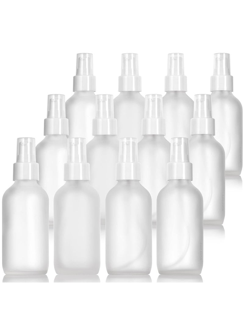 JUVITUS JUVITUS 4 oz / 120 ml Frosted Clear Glass Boston Round Bottle with White Treatment Pump BPA Free Refillable Empty Storage Containers (12 Pack) + Travel Foamer 