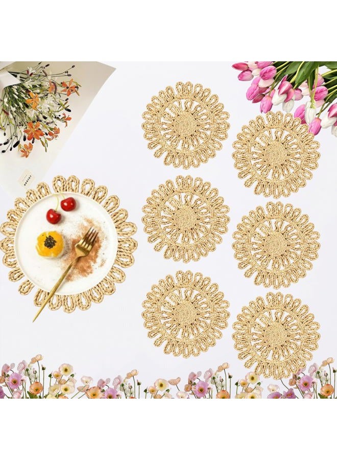 IcosaMro Round Woven Placemats for Dining Table 11.8 Inch Set of 6 Natural Braided Rattan Tablemat Hollow Wicker Charger Plates for Holiday Christmas Kitchen Table Mat, Beige - Image 1