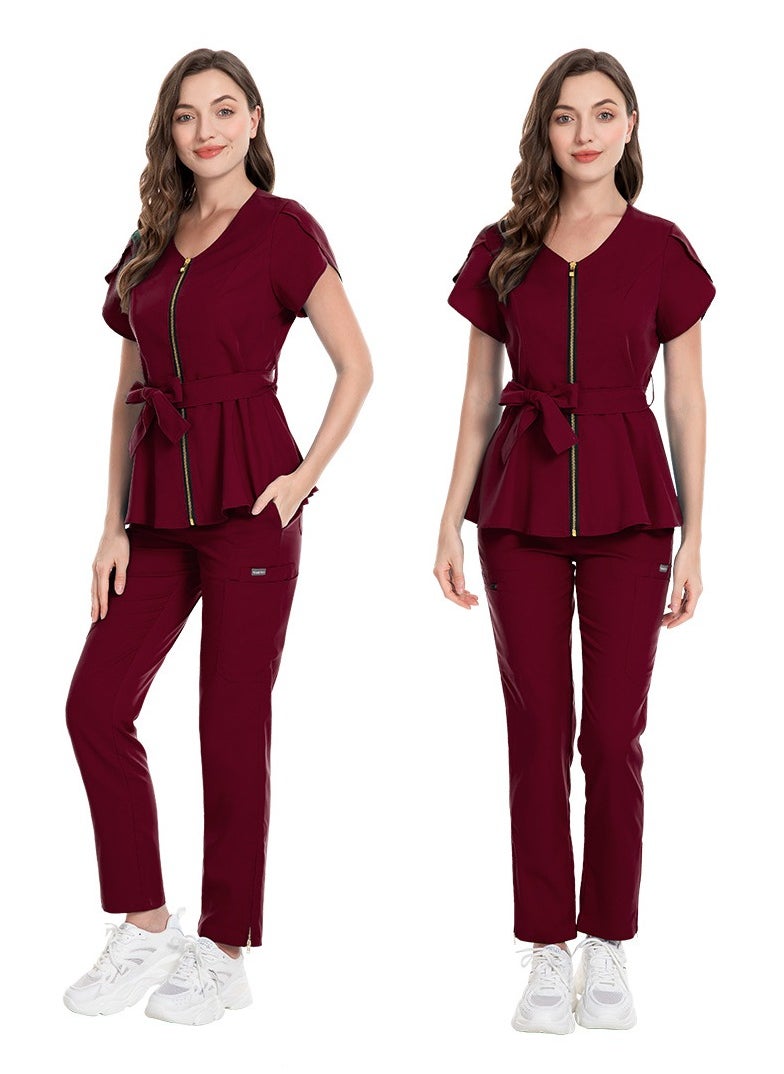 Loquat Womens Medical Uniform Scrubs 2 Piece Set Strap Up Waist Zipper Top and Elastic Waist Straight Pants Suit Wine Red  - Image 2