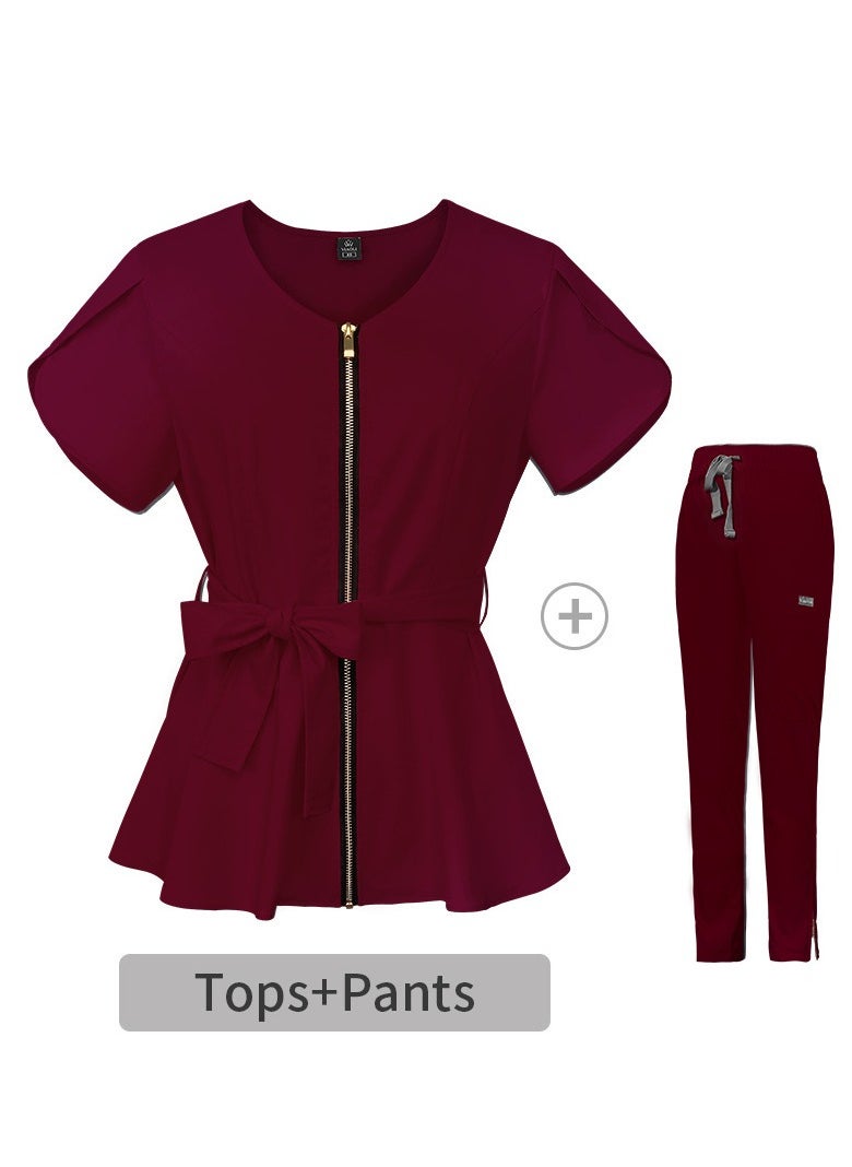 Loquat Womens Medical Uniform Scrubs 2 Piece Set Strap Up Waist Zipper Top and Elastic Waist Straight Pants Suit Wine Red  - Image 3