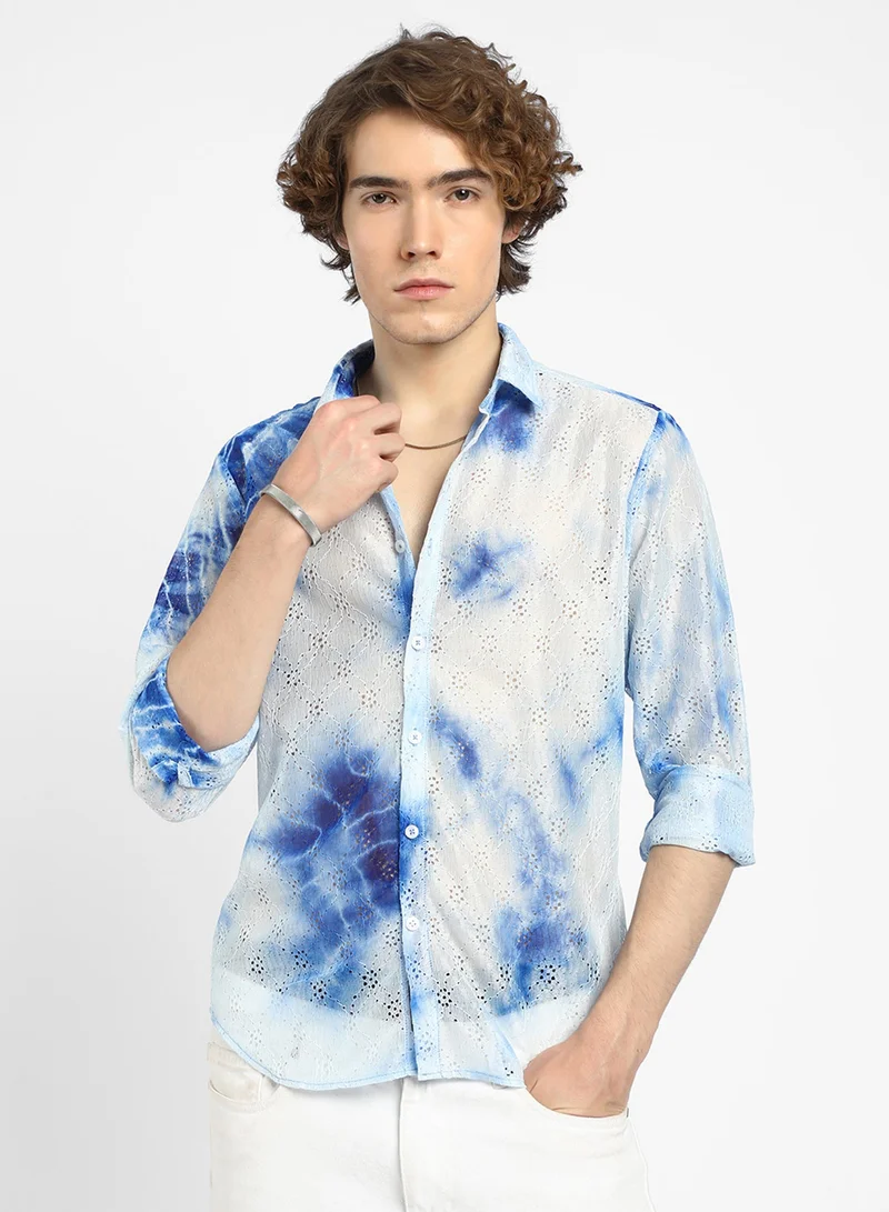 Campus Sutra Men's Royal Blue & Cream White Tie-Dye Textured Shirt
